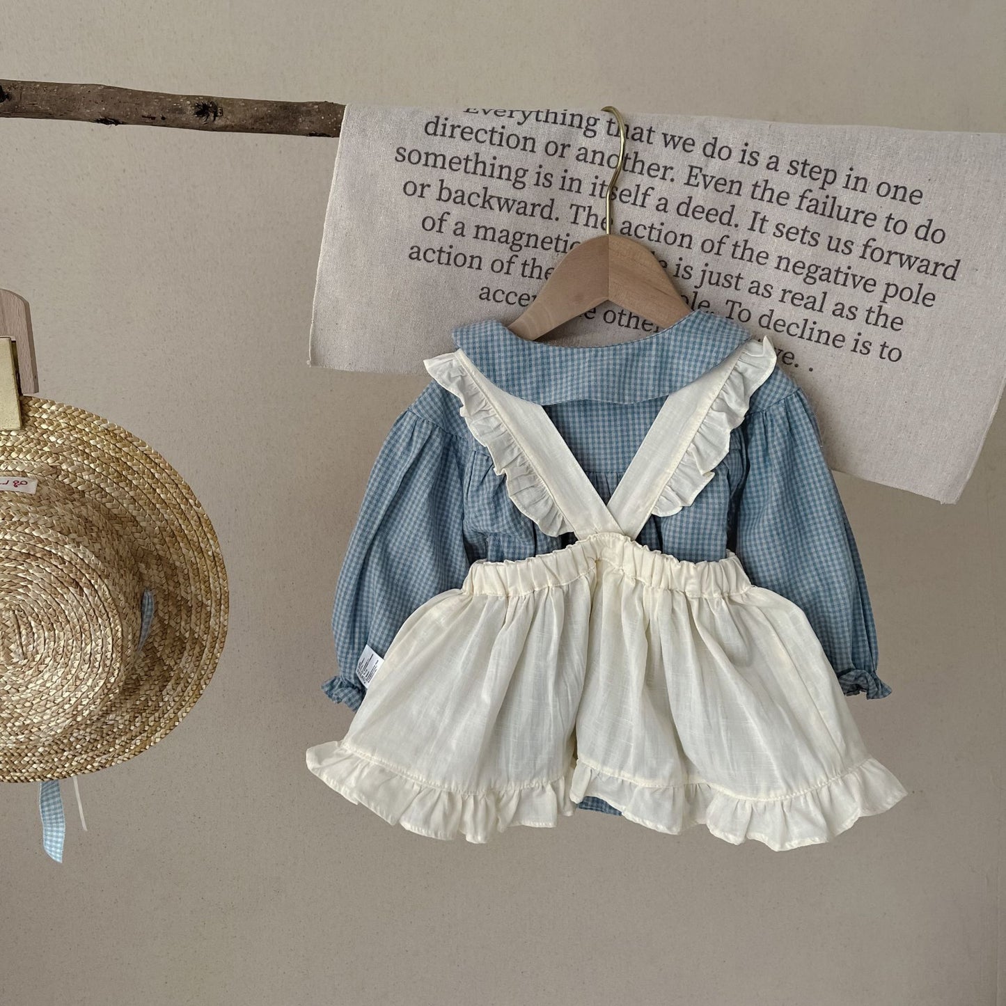 Infant Long Sleeve Plaid Romper with Sling Overskirt