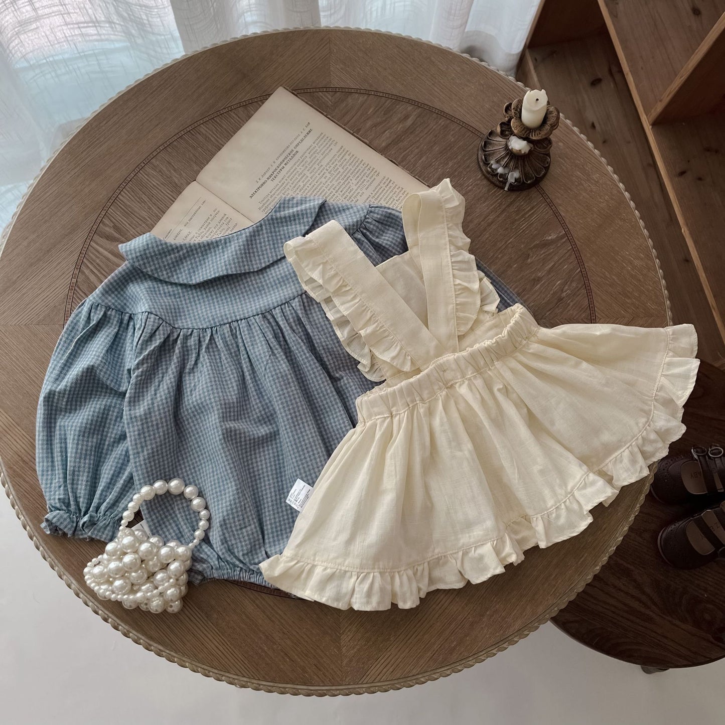 Infant Long Sleeve Plaid Romper with Sling Overskirt