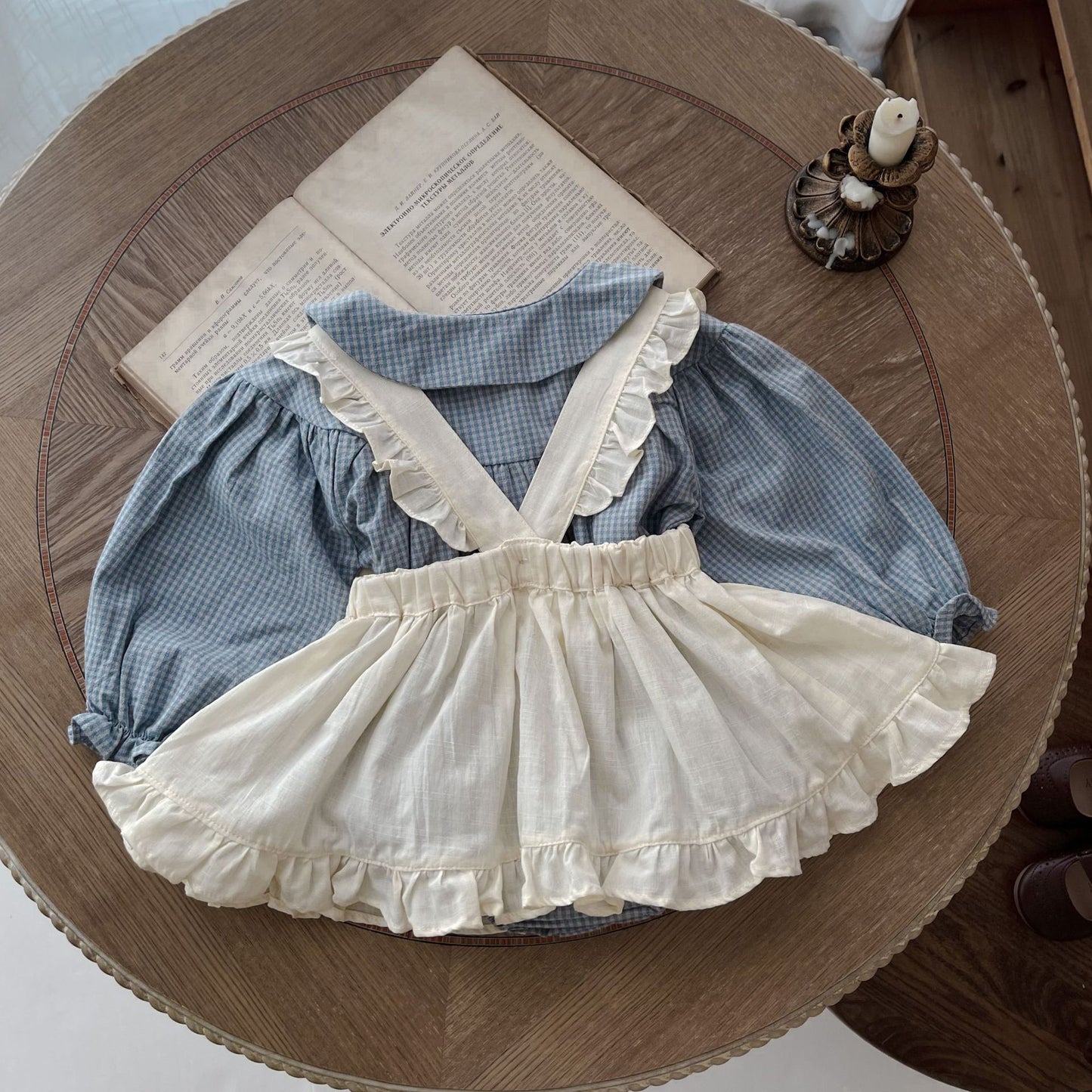 Infant Long Sleeve Plaid Romper with Sling Overskirt