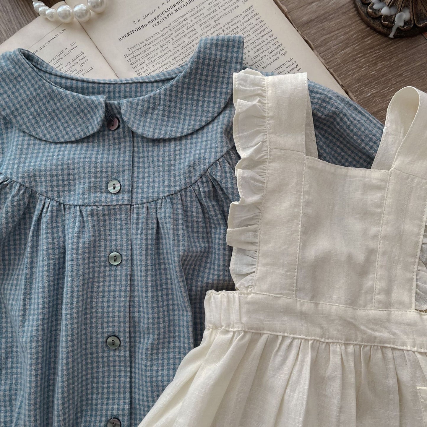 Infant Long Sleeve Plaid Romper with Sling Overskirt
