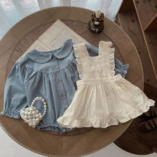 Infant Long Sleeve Plaid Romper with Sling Overskirt