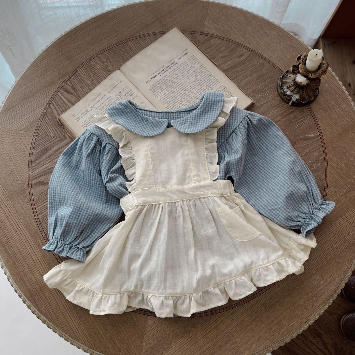 Infant Long Sleeve Plaid Romper with Sling Overskirt