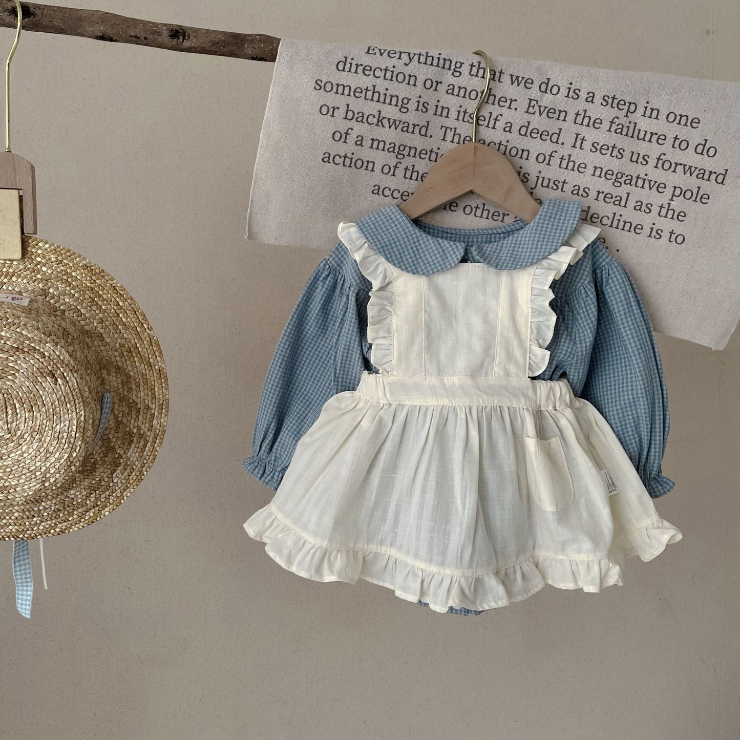 Infant Long Sleeve Plaid Romper with Sling Overskirt