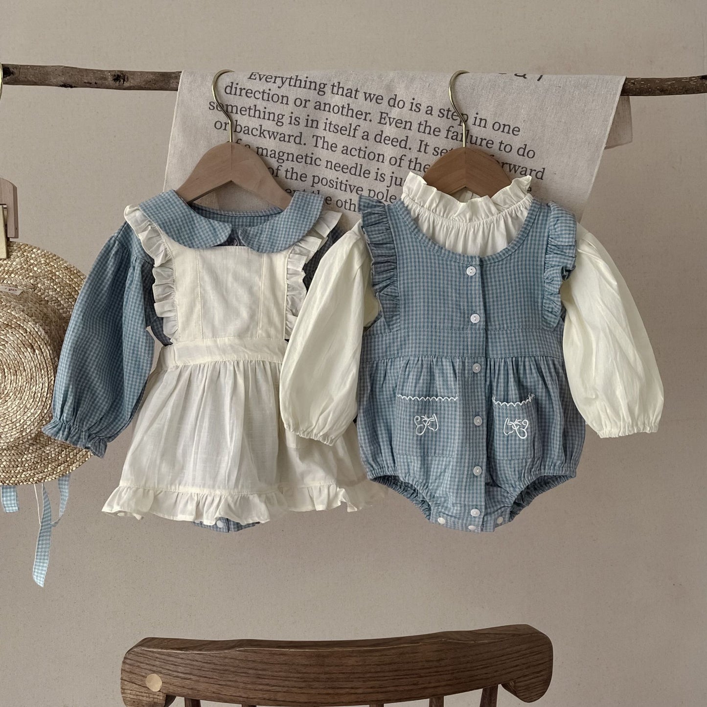 Infant Long Sleeve Plaid Romper with Sling Overskirt